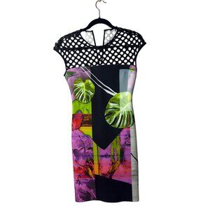 Clover Canyon Multicolor Tropical Print Dress W/ Black Laser-Cut Detail Size S P